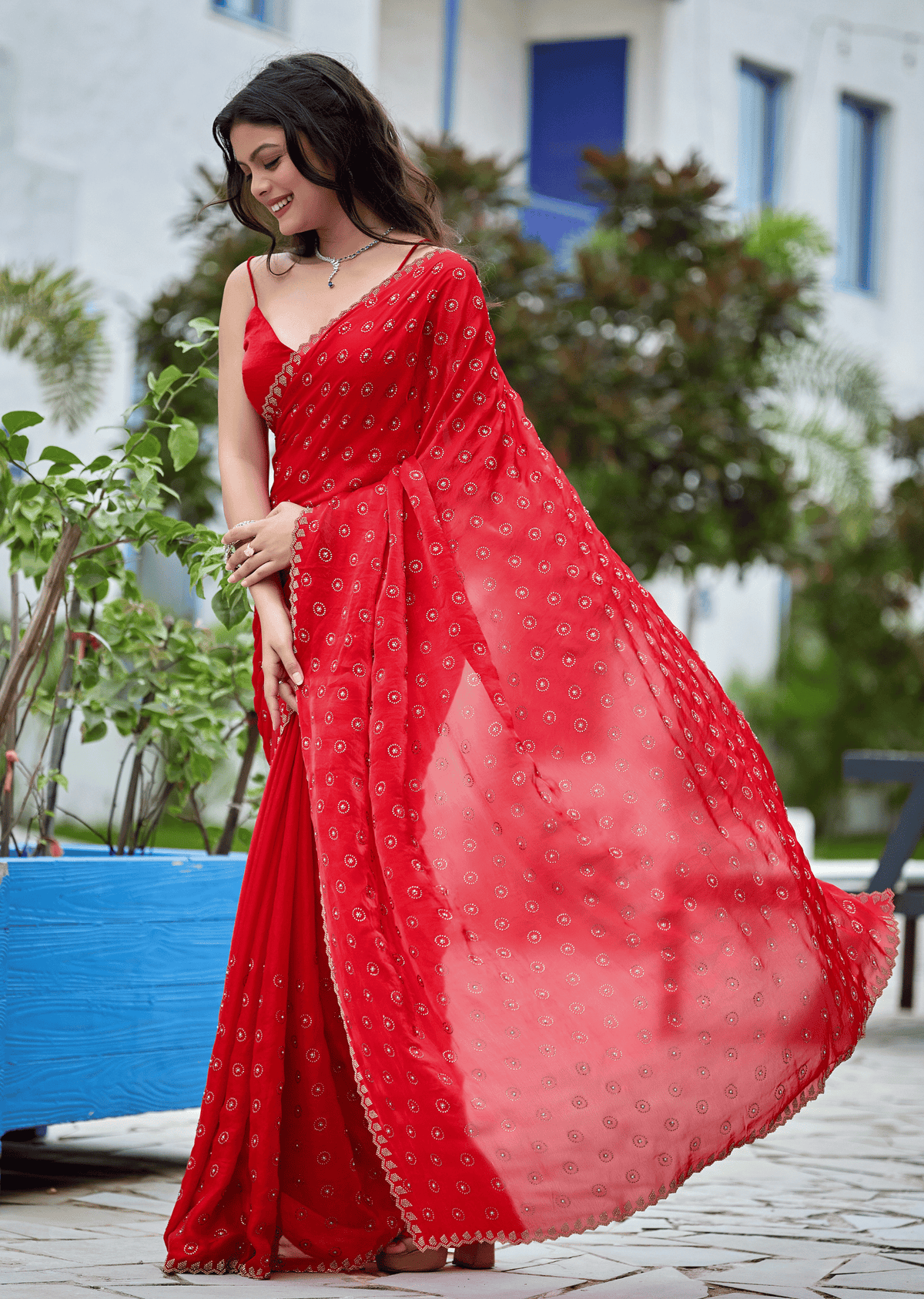 Red Italian Silk Saree Draped Pose - Festive Wear Saree