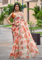 Orange Italian Silk Saree With Floral Print - Front Look | Buy Online Ethnic9