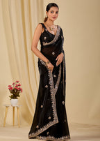 Black Italian Silk Saree Standing Pose - Festive Wear Saree