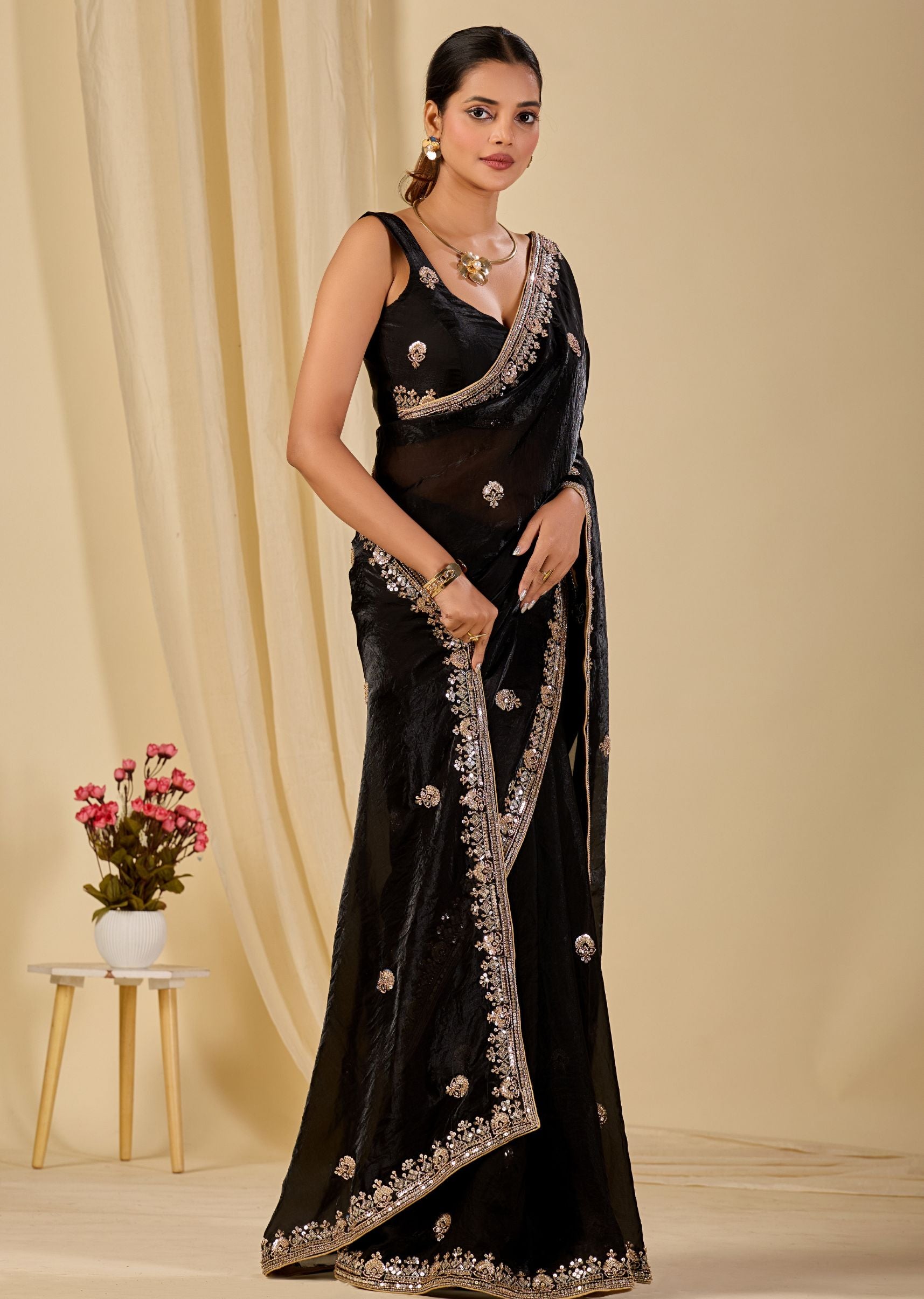 Black Italian Silk Saree Standing Pose - Festive Wear Saree