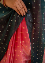 Coral Pink Organza Silk Saree Pallu Close Up - Sequin Work Detail