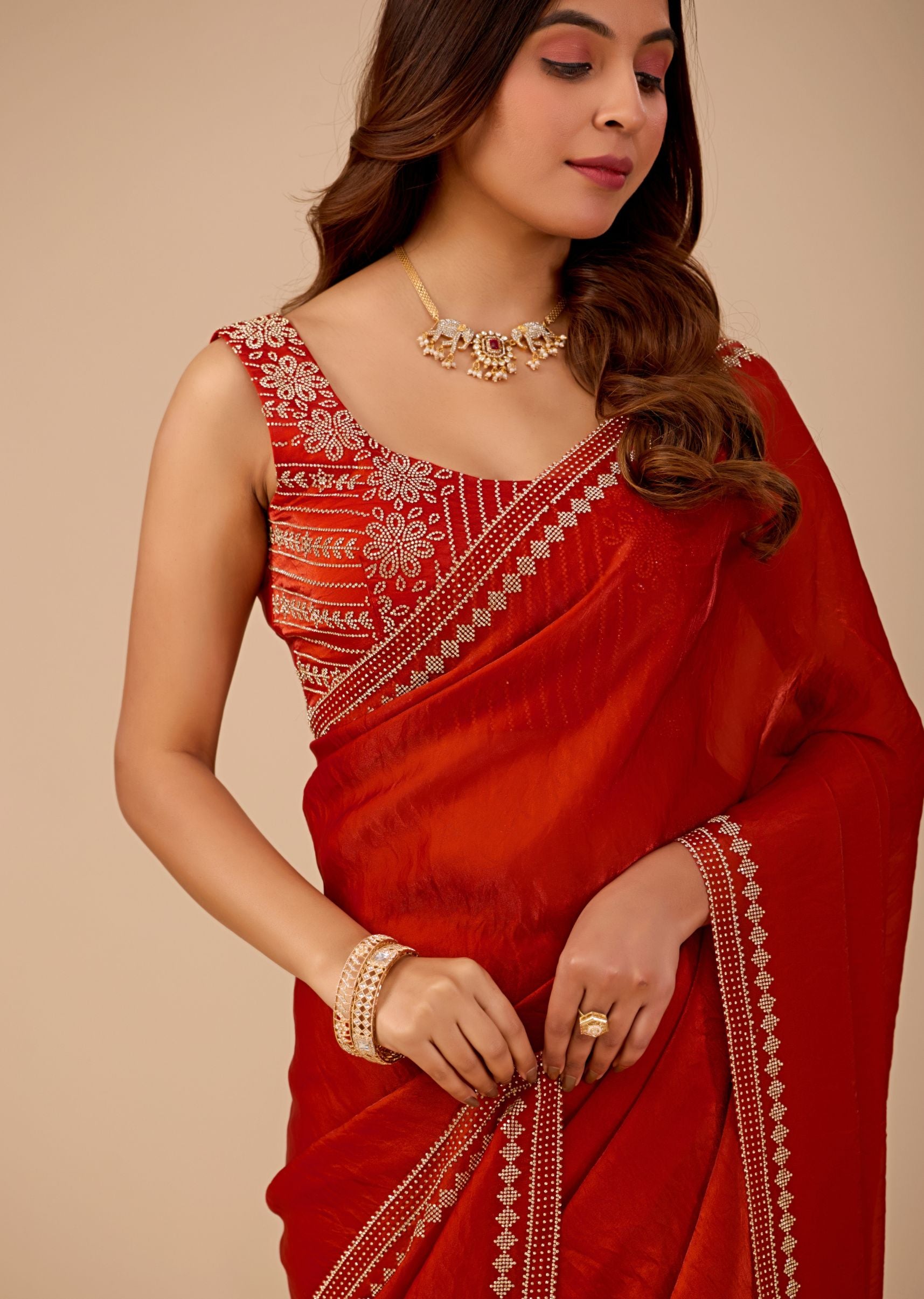 Royal Blue Organza Saree with Stone Work Border & Designer Embellished Blouse