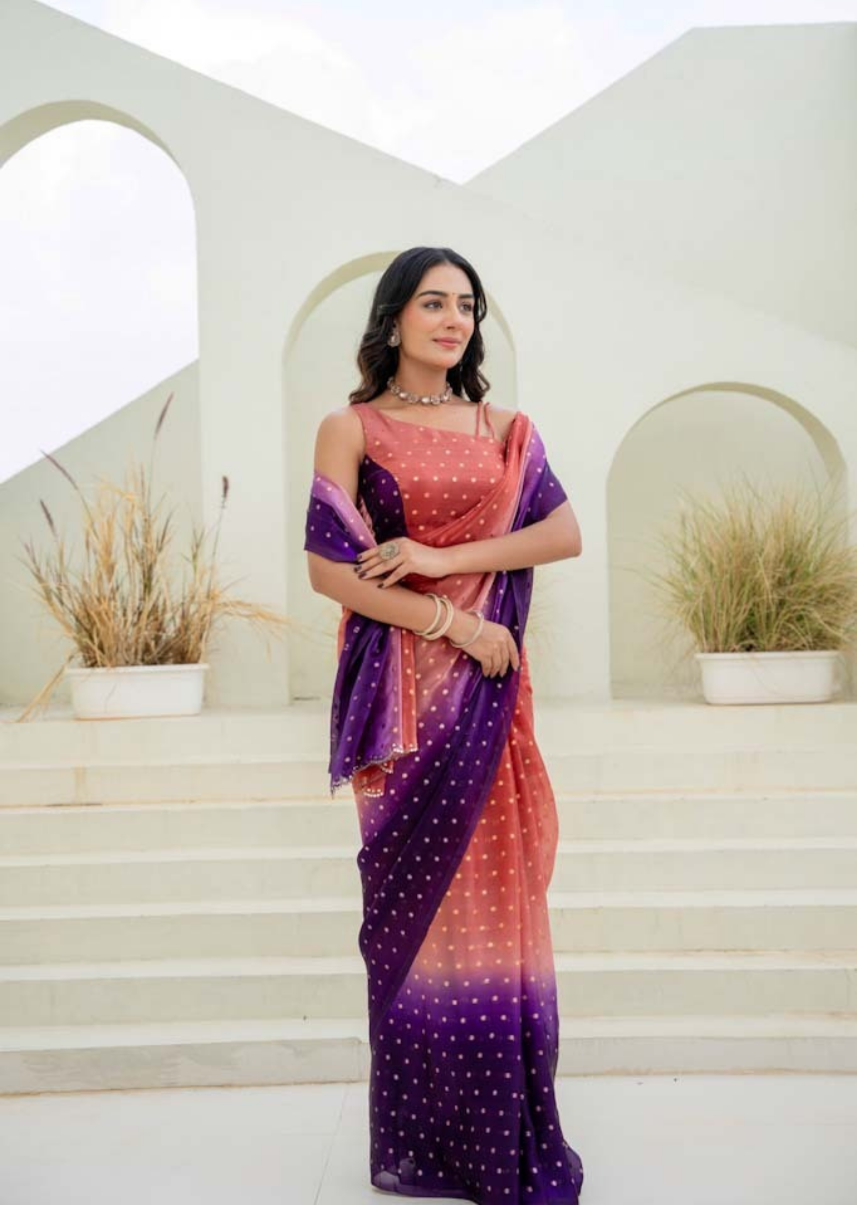Orange Purple Organza Silk Saree Outdoor Styled Pose - Party Wear Saree