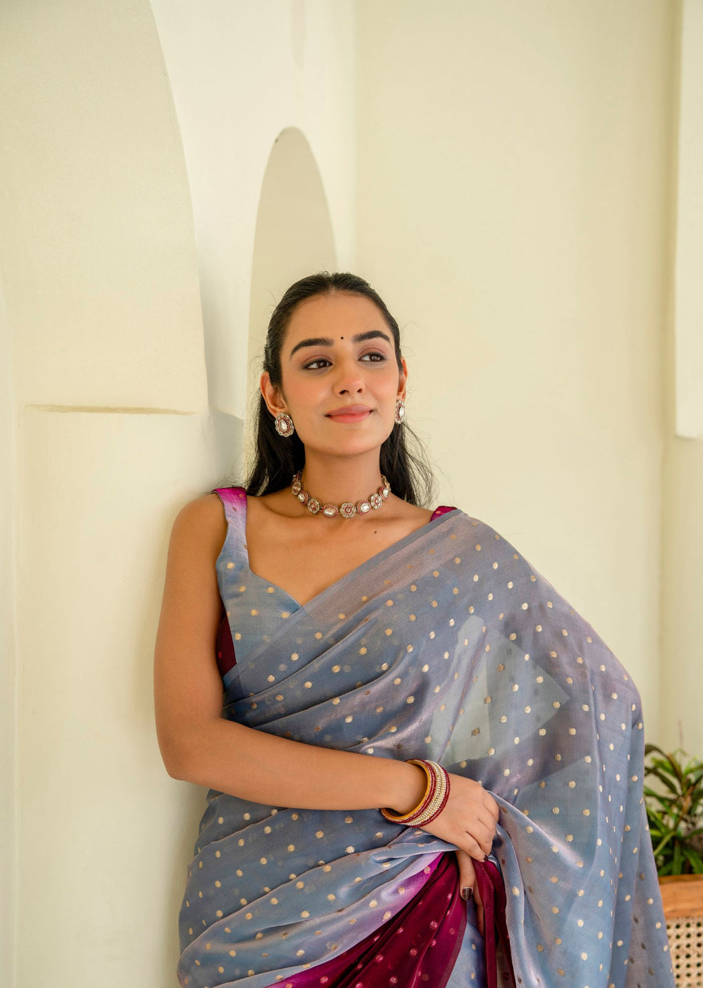 Royal Wine Grey Organza Silk Saree Standing Look - Festive Wear Saree