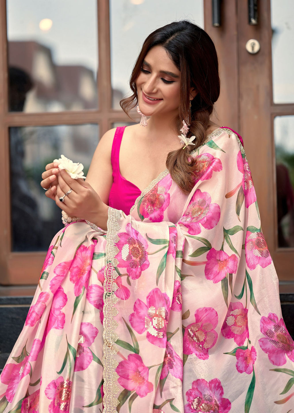 Purple Italian Silk Saree Standing Pose - Festive Wear Saree
