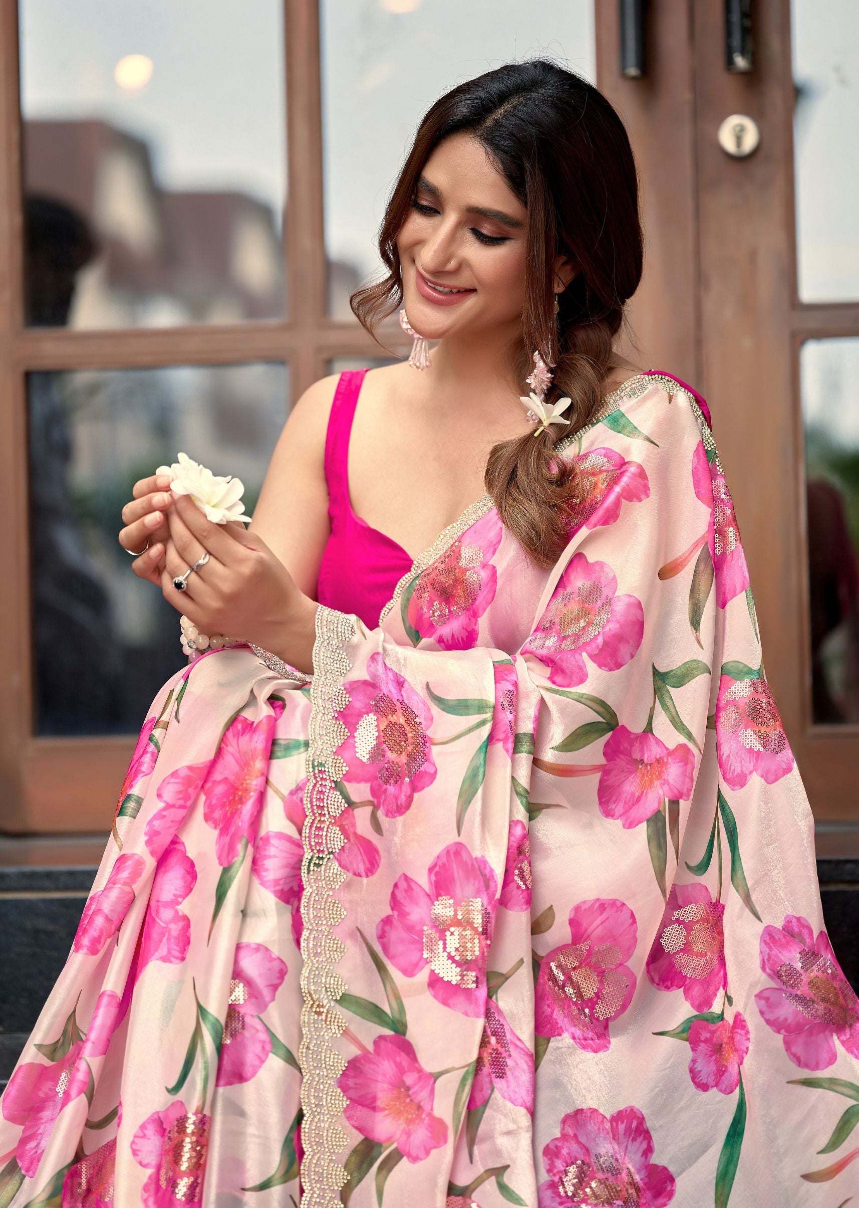 Purple Italian Silk Saree Standing Pose - Festive Wear Saree