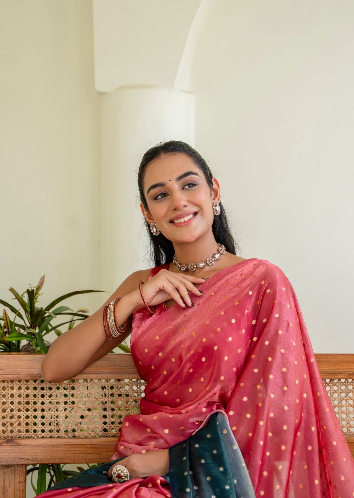 Coral Pink Organza Silk Saree Draped Look - Sequin Motif Detail