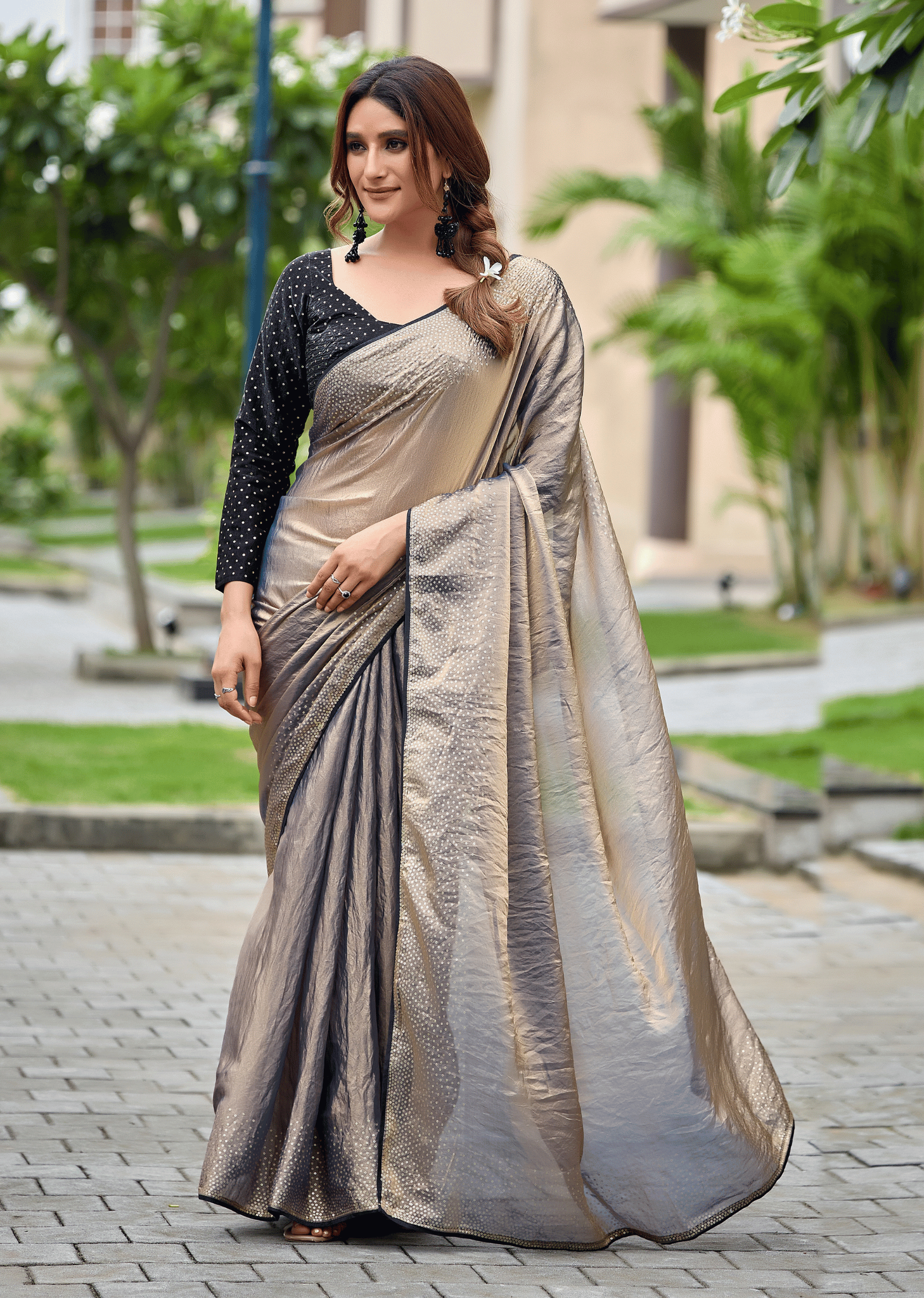 Grey Italian Silk Saree Outdoor Look - Party Wear Saree