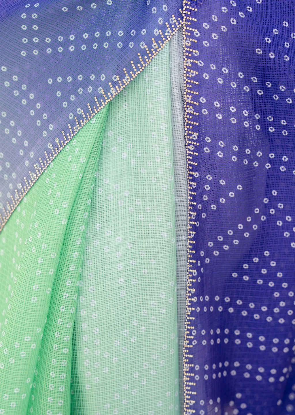 Royal Blue Green Kota Silk Saree Pallu Close Up - Bandhani Dots Design