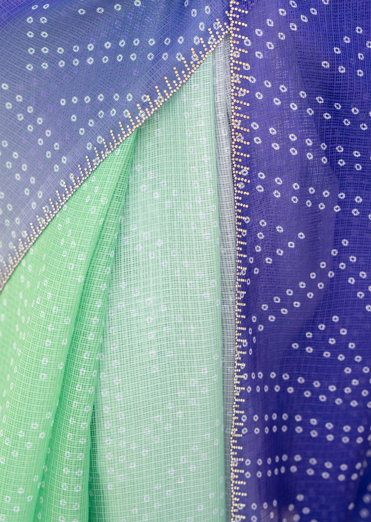 Royal Blue Green Kota Silk Saree Pallu Close Up - Bandhani Dots Design