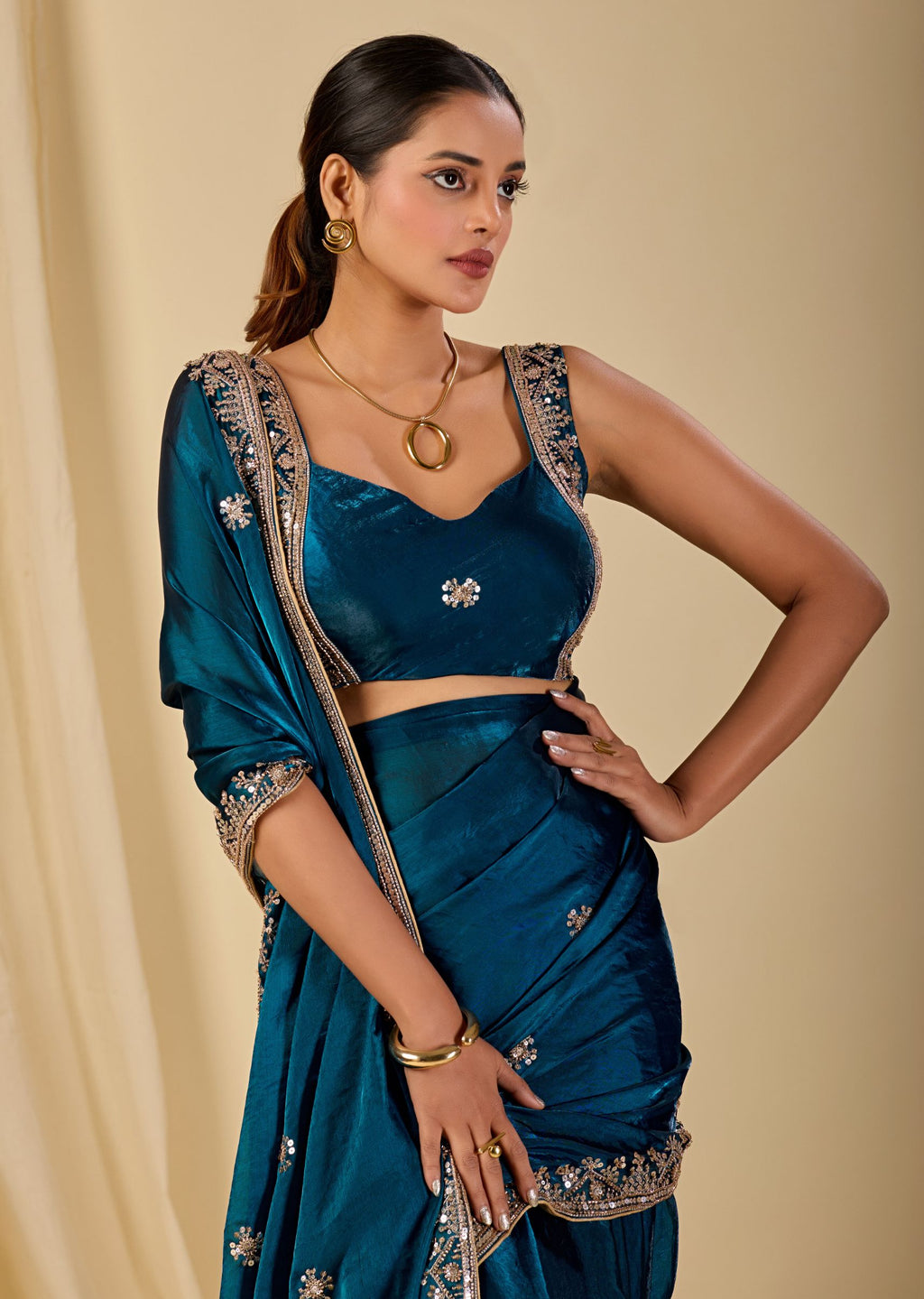 Teal Blue Italian Silk Saree With Embroidery Work
