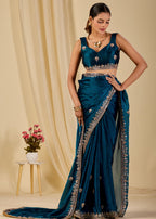 Teal Blue Italian Silk Saree Blouse Close Up - Stone Work Design