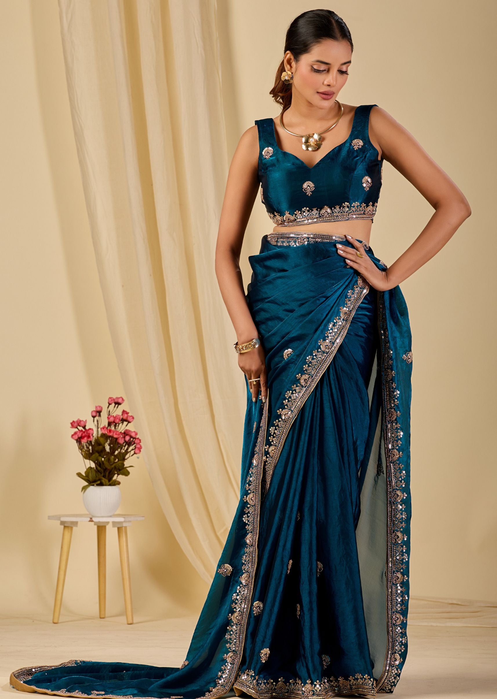 Teal Blue Italian Silk Saree Blouse Close Up - Stone Work Design