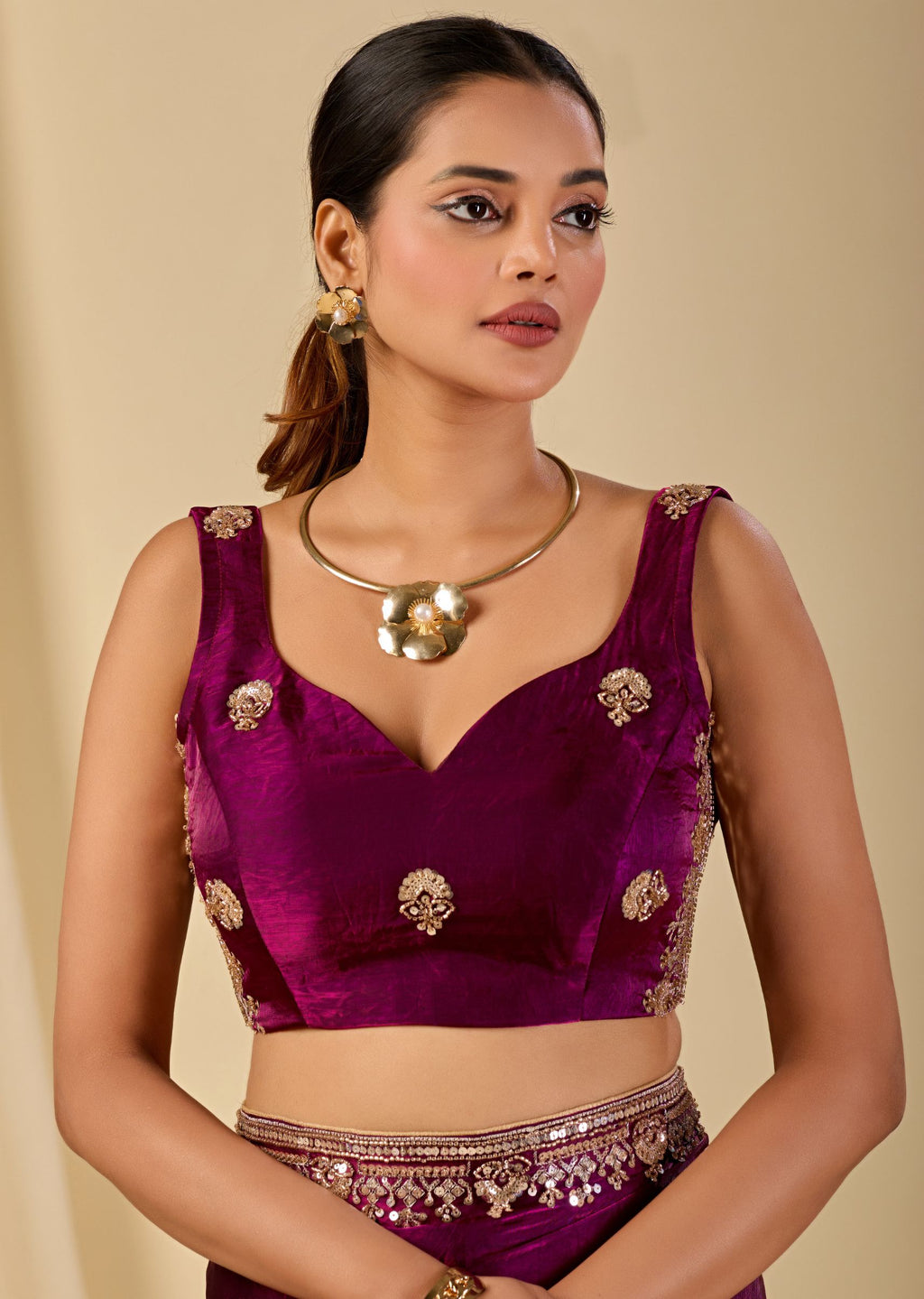 Wine Purple Italian Silk Saree Blouse Close Up - Stone Work Design