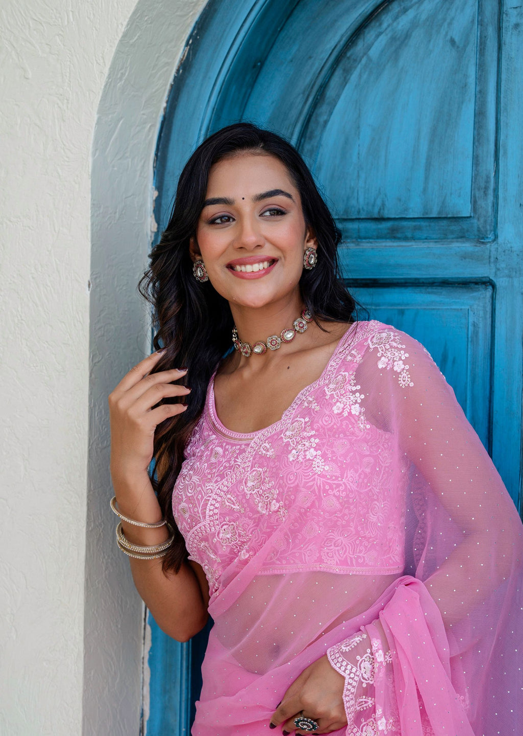 Baby Pink Chiffon Saree Standing Pose - Party Wear Saree