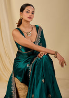 Teal Italian Silk Saree Outdoor Styled Look - Wedding Wear Saree