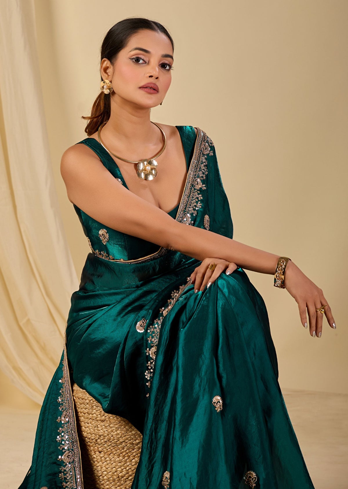 Teal Italian Silk Saree Outdoor Styled Look - Wedding Wear Saree