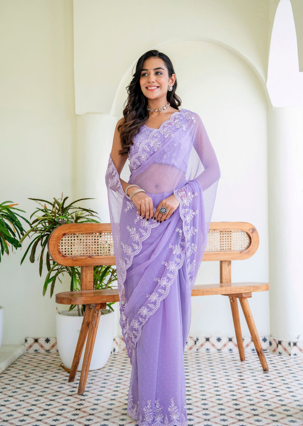 Purple Chiffon Saree Standing Pose - Party Wear Saree