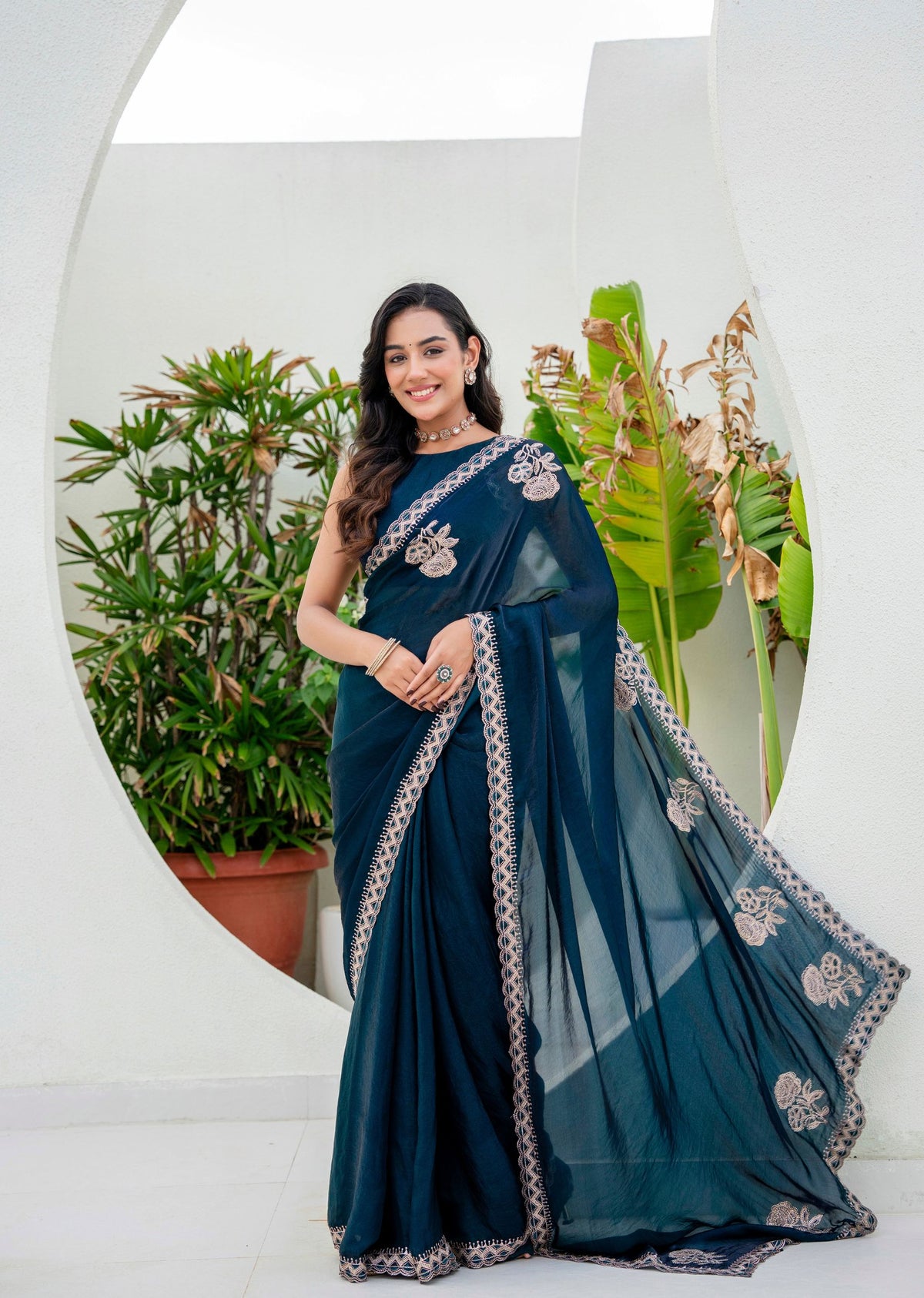 Navy Blue Italian Silk Saree With Embroidery And Stone Work - Front Look | Buy Online Ethnic9