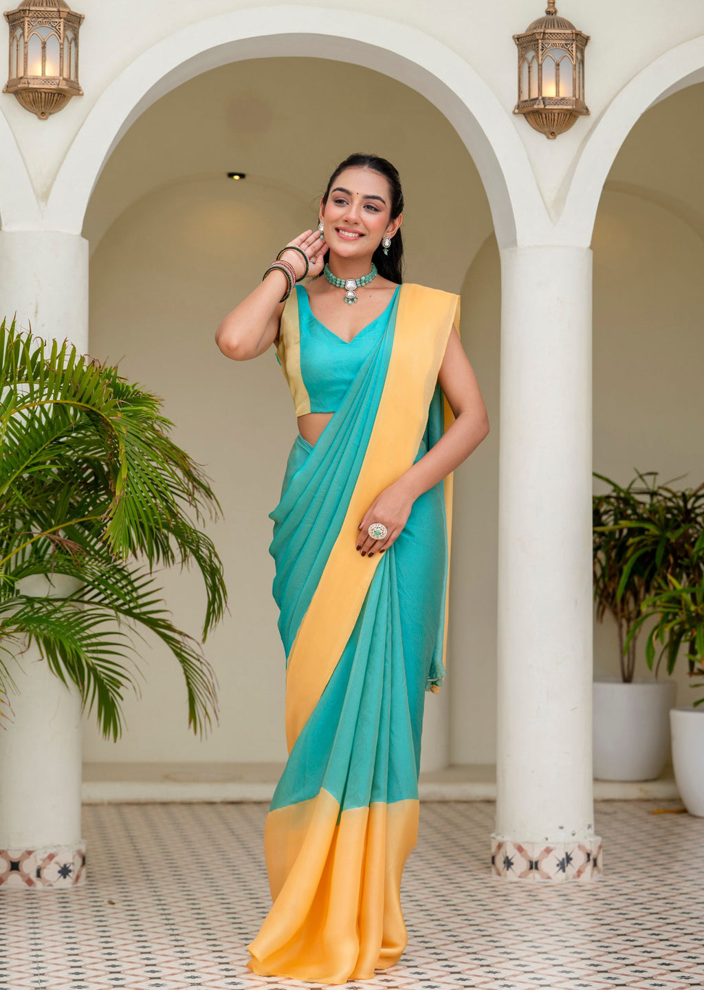 Sky Blue Organza Saree Close Up Pose - Festive Wear Saree