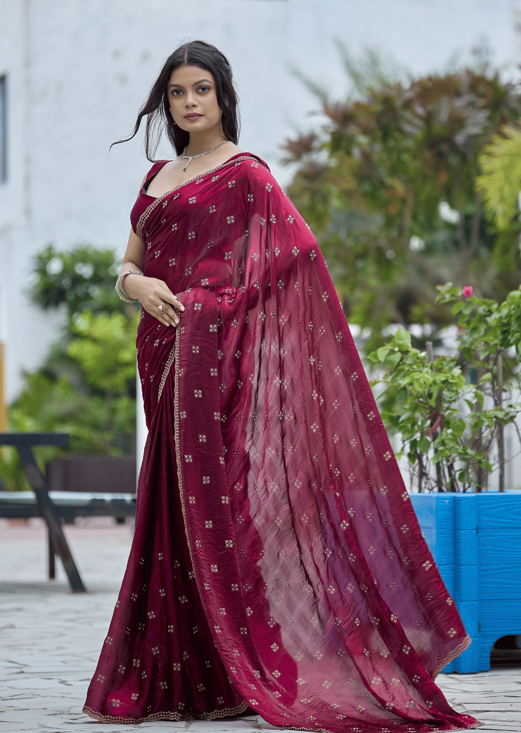 Maroon Italian Silk Saree With Stone Work - Front Look | Buy Online Ethnic9
