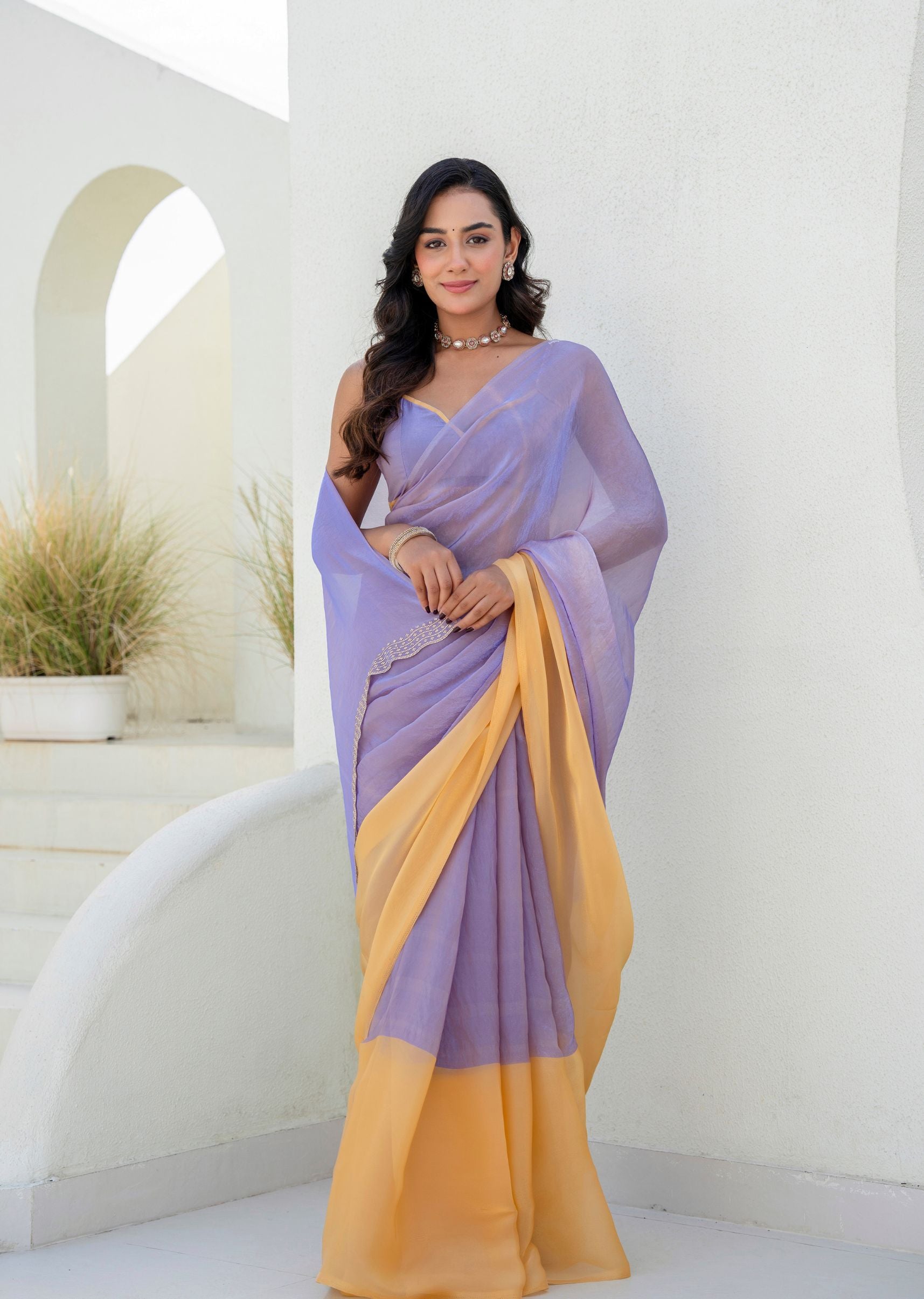 Lavender Organza Saree Standing Pose - Festive Wear Saree