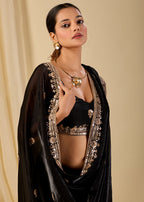 Black Italian Silk Saree Blouse Close Up - Stone Work Design