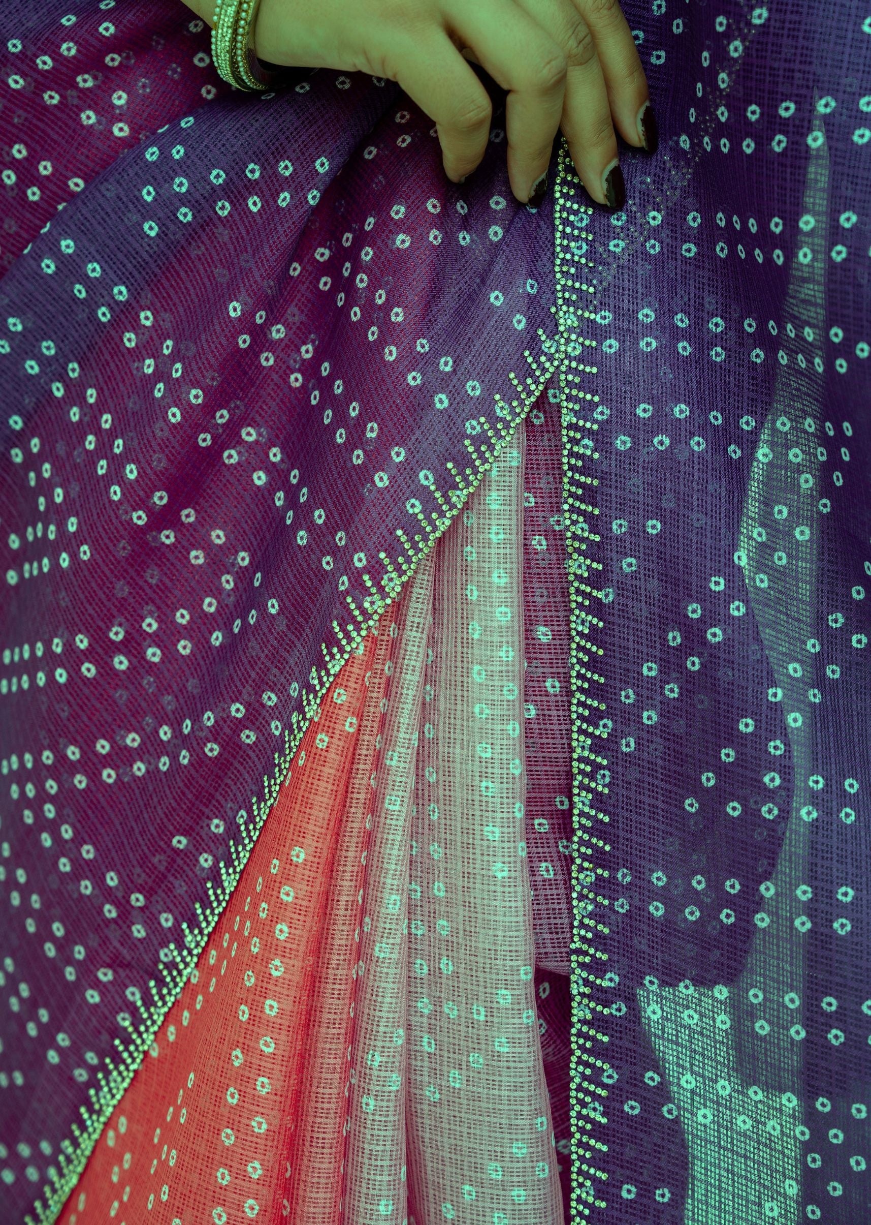 Purple Red Kota Silk Saree Pallu Close Up - Stone Work Border Detail