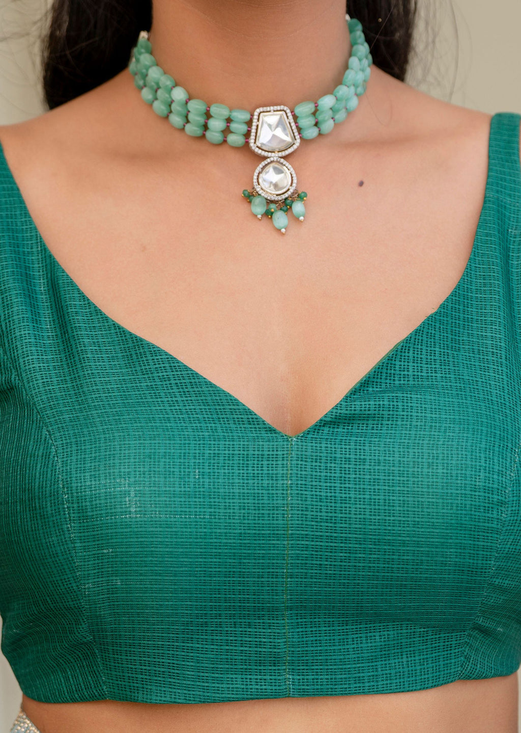 Teal Green Kota Silk Saree Blouse Close Up - Bandhani Motif Design