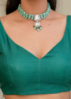 Teal Green Kota Silk Saree Blouse Close Up - Bandhani Motif Design