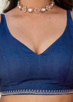 Pink Blue Kota Silk Saree Blouse Close Up - Stone Border Design