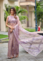 Lavender Crushed Organza Saree Draped Pose - Party Wear Saree