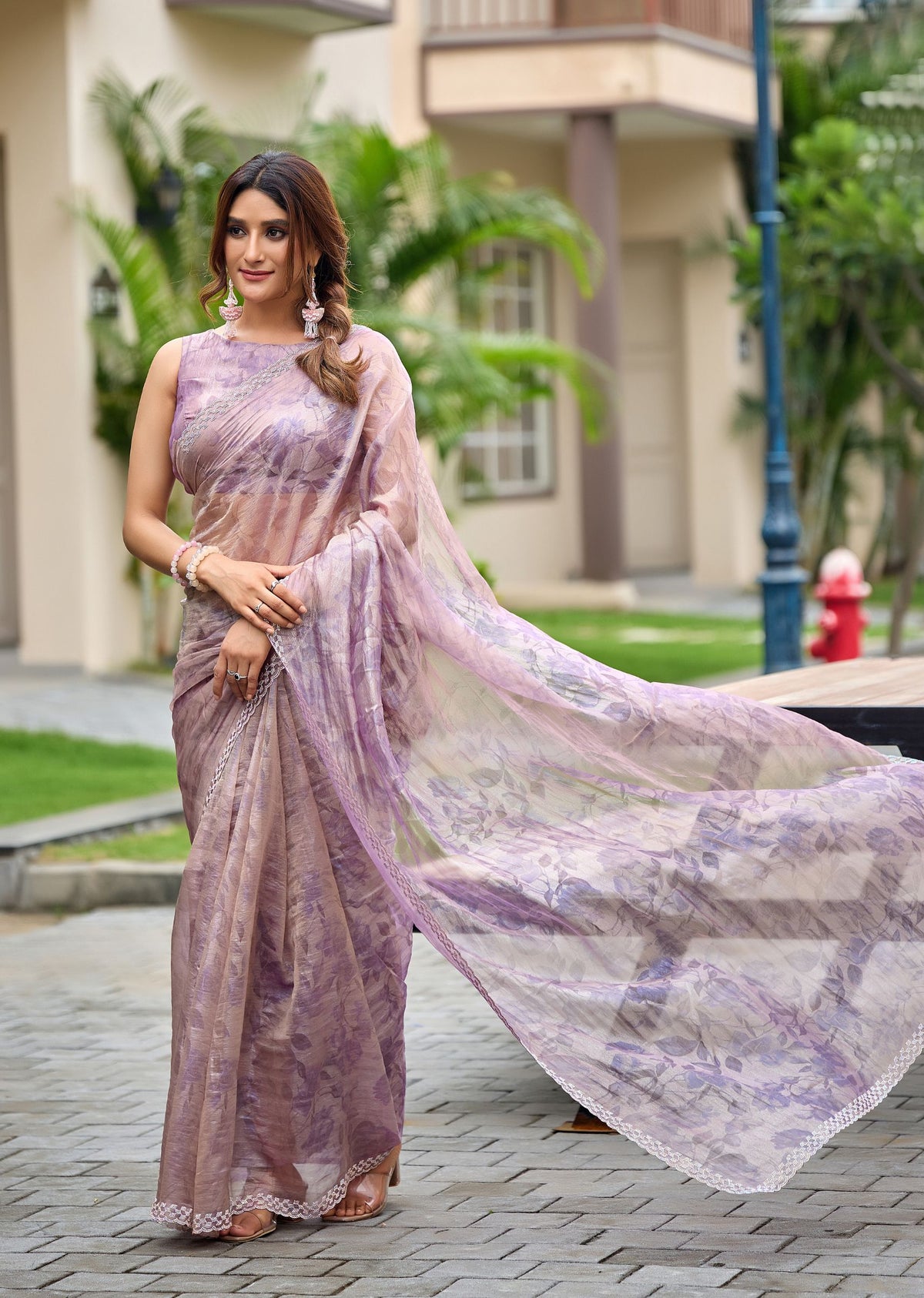 Lavender Crushed Organza Saree Draped Pose - Party Wear Saree