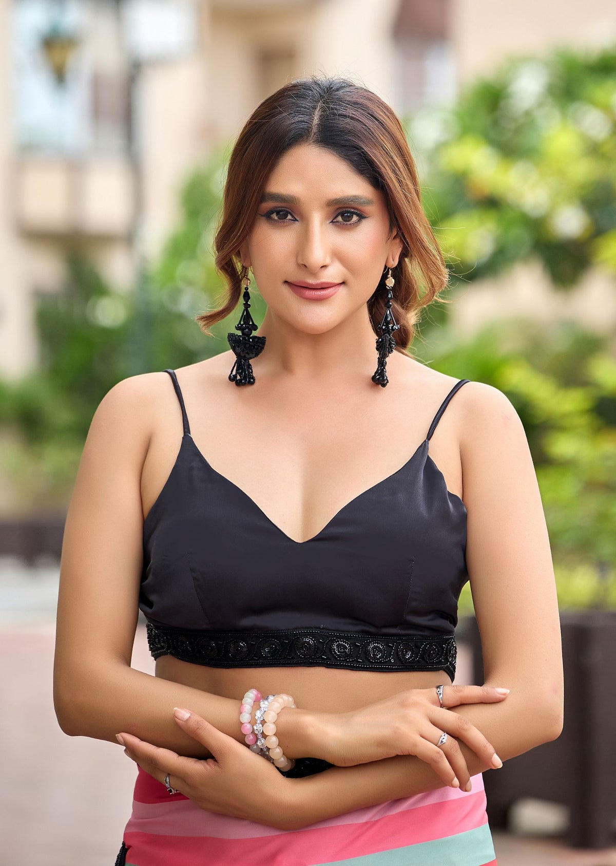 Red Italian Silk Saree Draped Pose - Black Border Detail