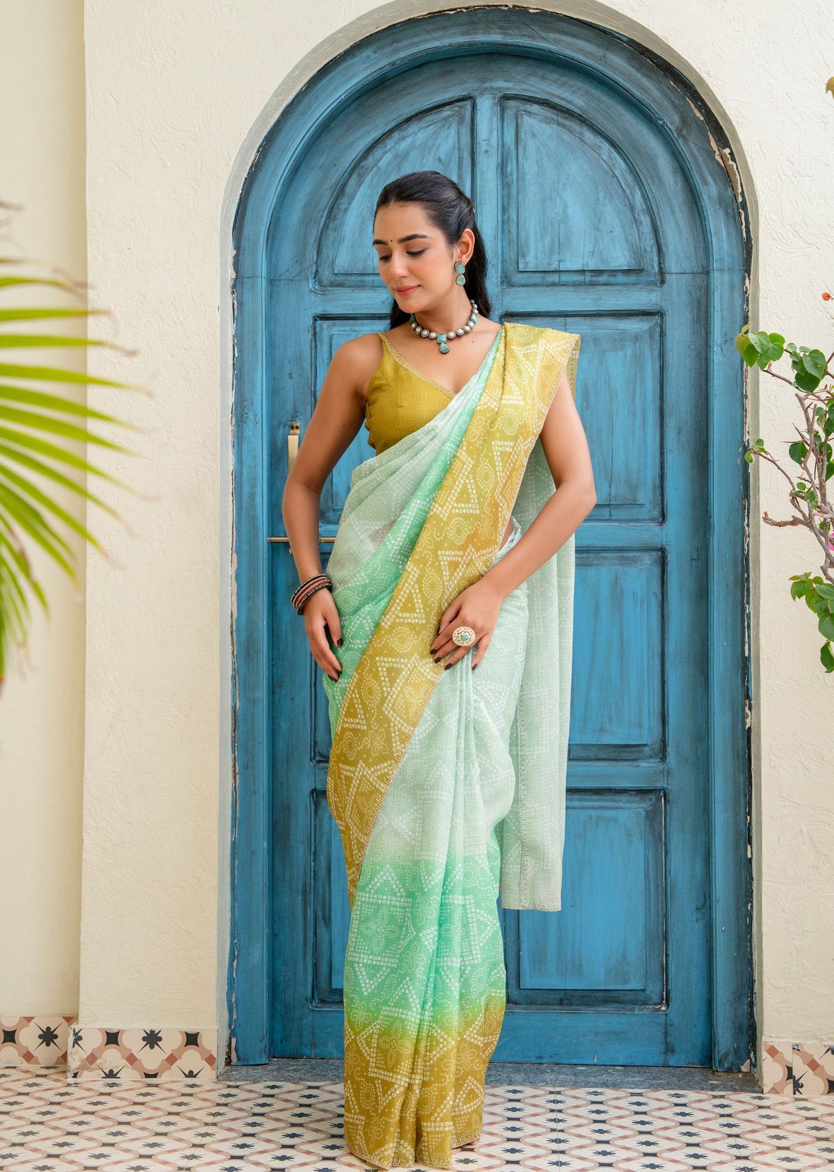 Mehendi Green Kota Silk Saree Draped Pose - Festive Wear Saree