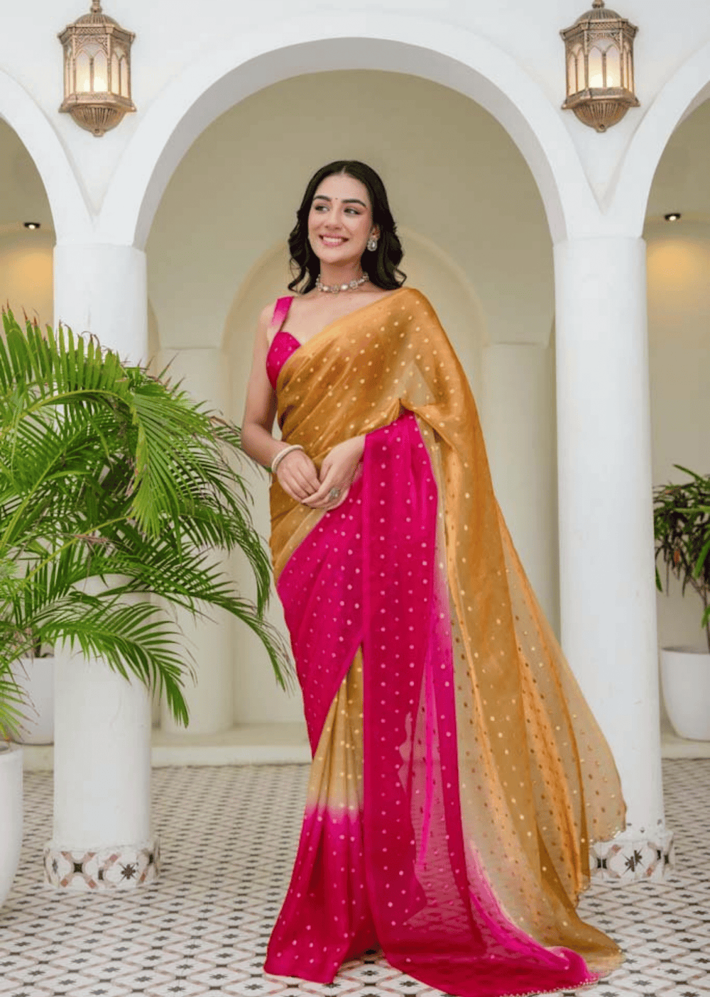 Pista Pink Organza Silk Saree With Sequin Work - Front Look | Buy Online Ethnic9