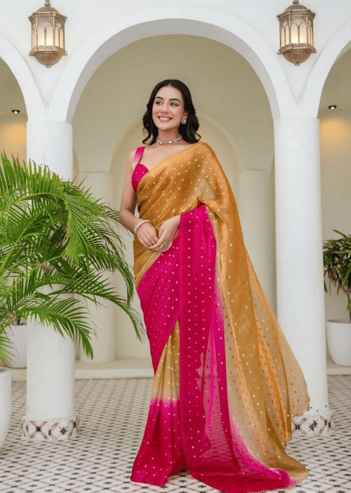 Pista Pink Organza Silk Saree With Sequin Work - Front Look | Buy Online Ethnic9