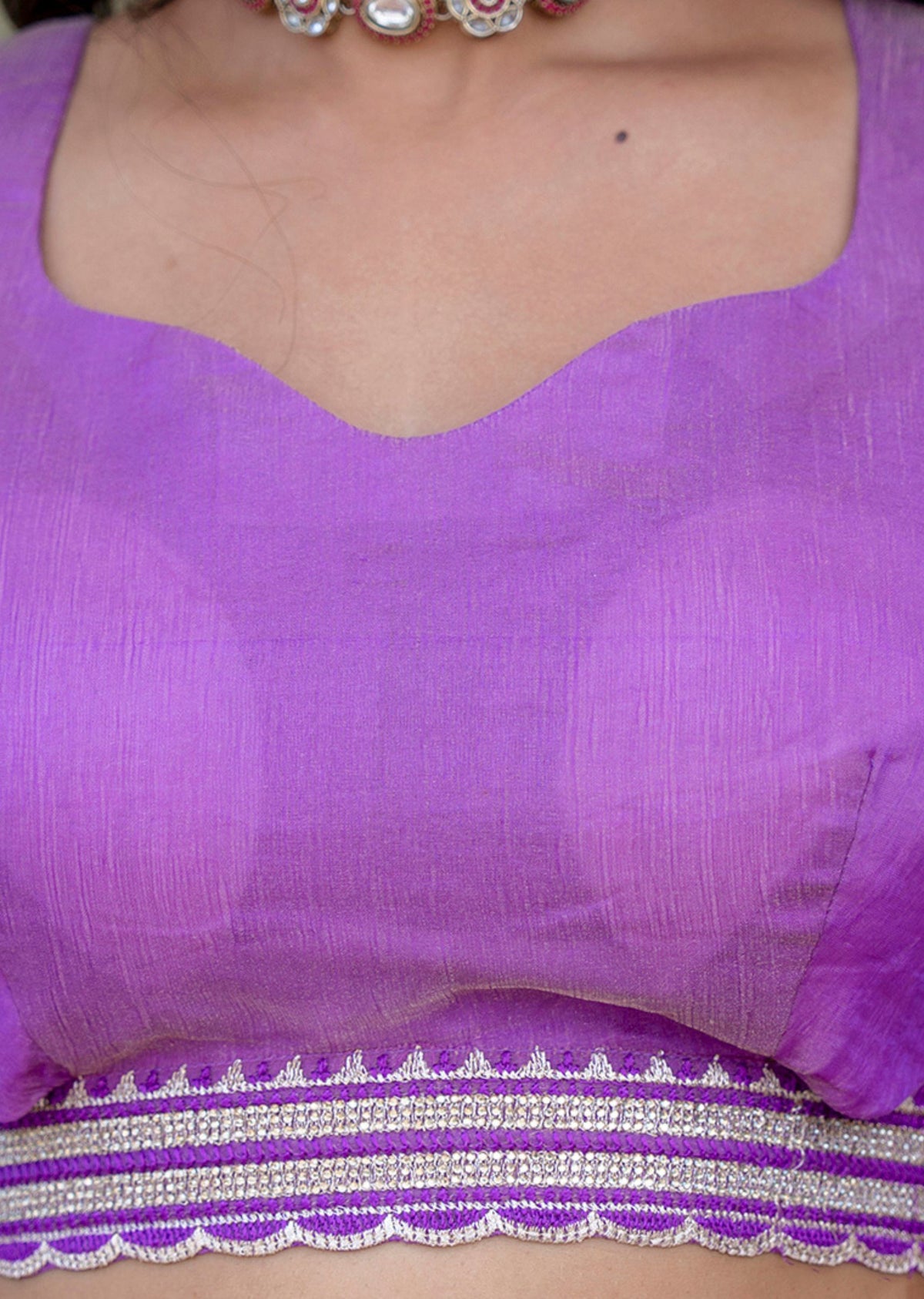 Purple Tissue Silk Saree Blouse Close Up - Sequin Work Design