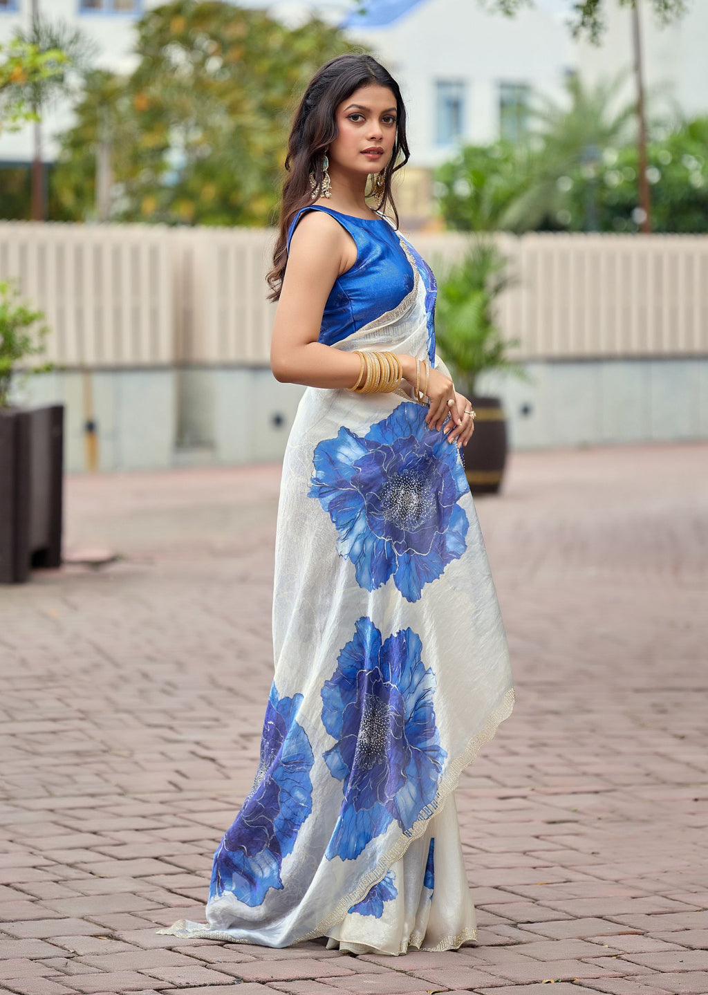 Ivory Italian Silk Saree Blouse Close Up - Blue Floral Design