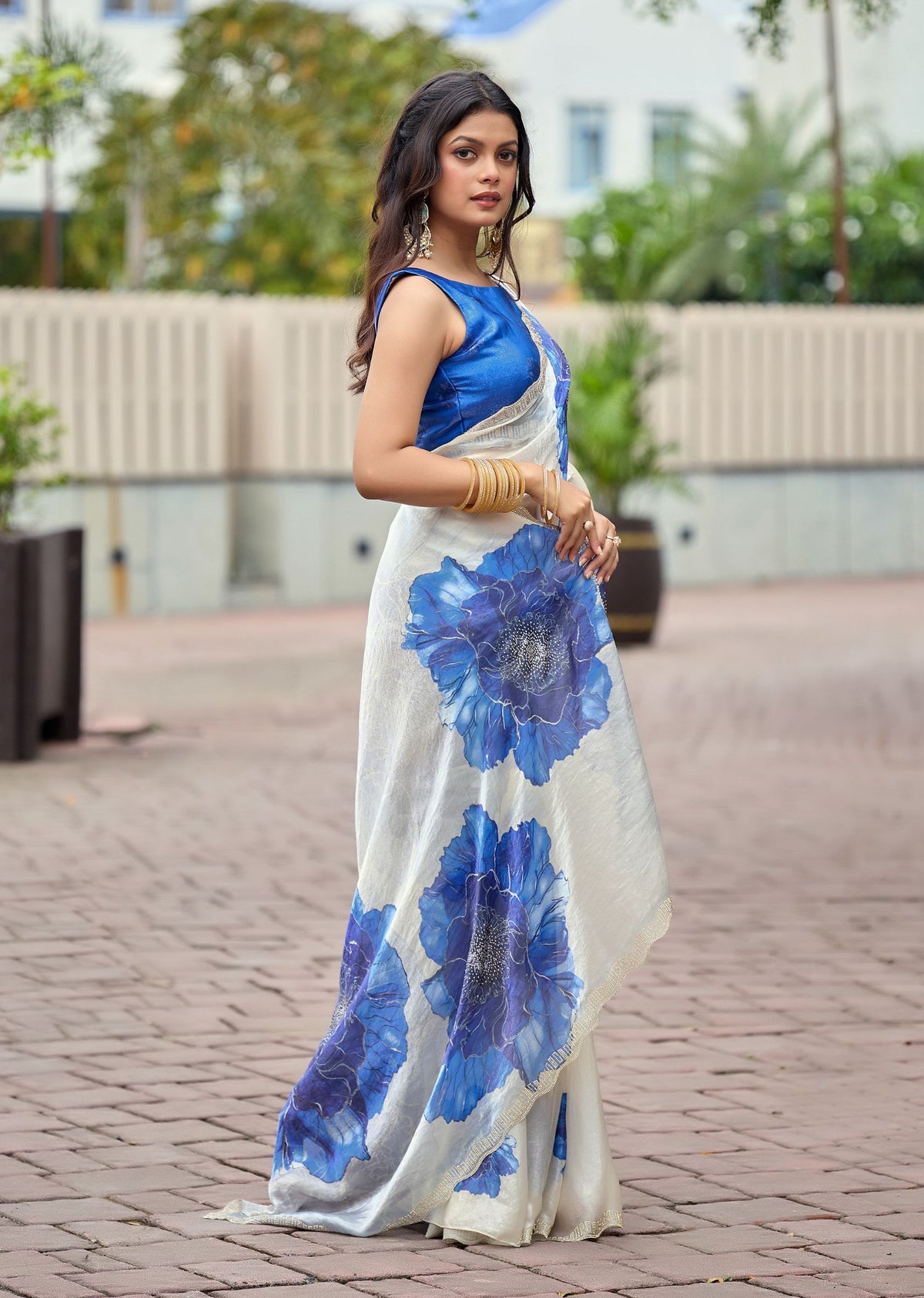Ivory Italian Silk Saree Blouse Close Up - Blue Floral Design