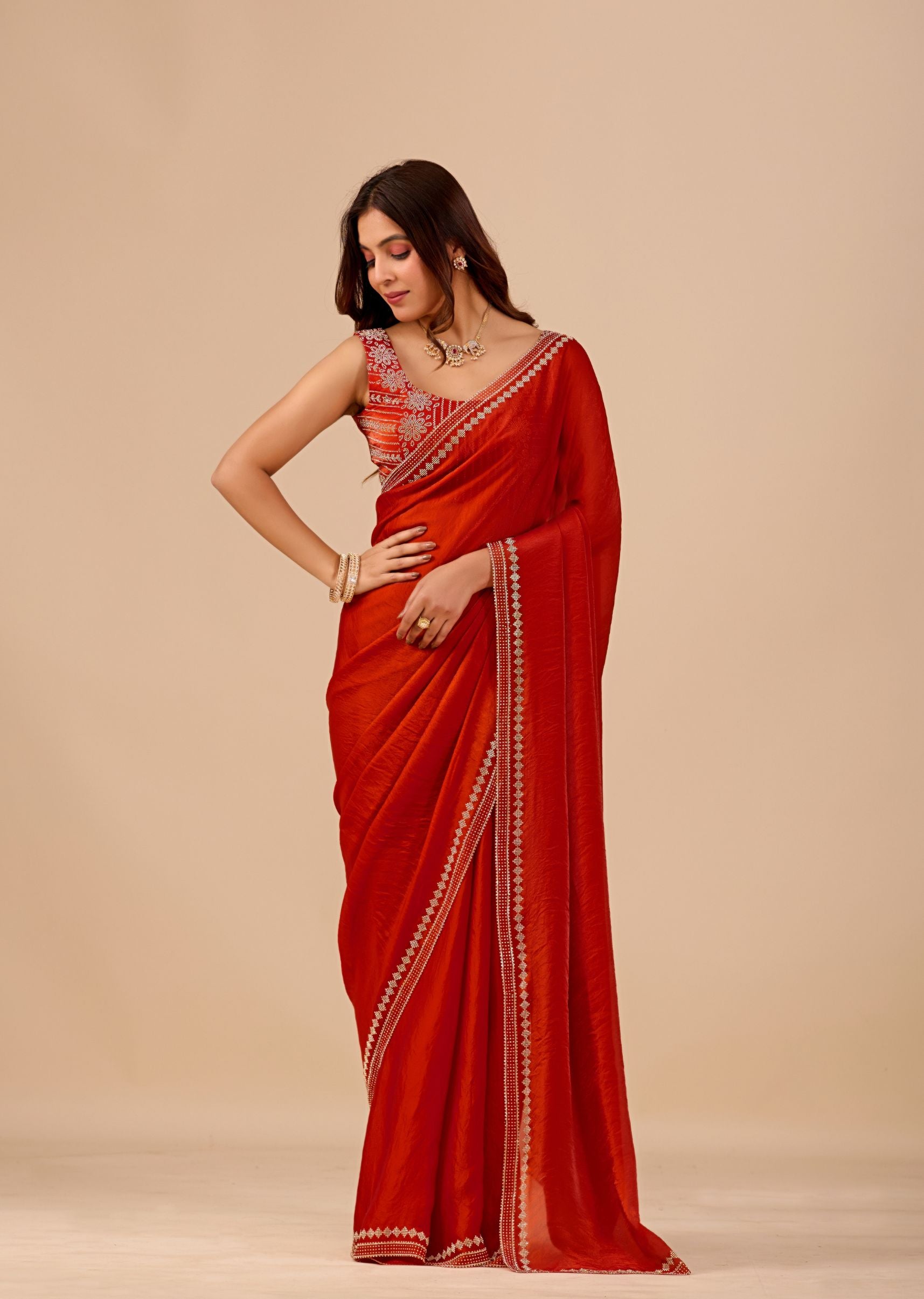 Royal Blue Organza Saree with Stone Work Border & Designer Embellished Blouse