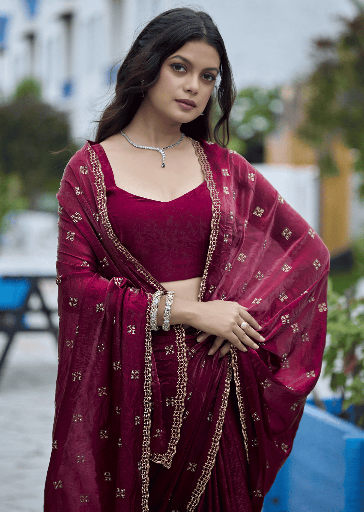 Maroon Italian Silk Saree Outdoor Look - Party Wear Saree