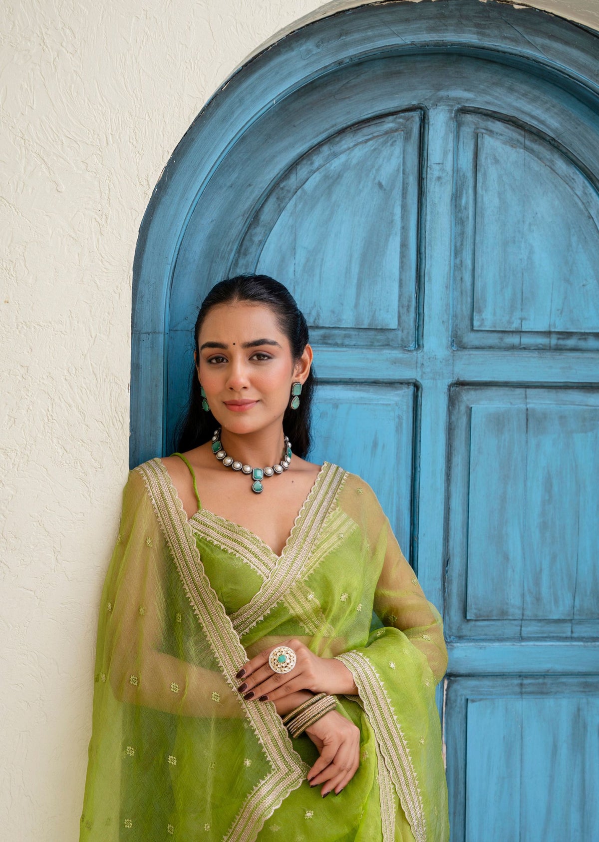 Lime Green Tissue Silk Saree Outdoor Styled Look - Party Wear Saree
