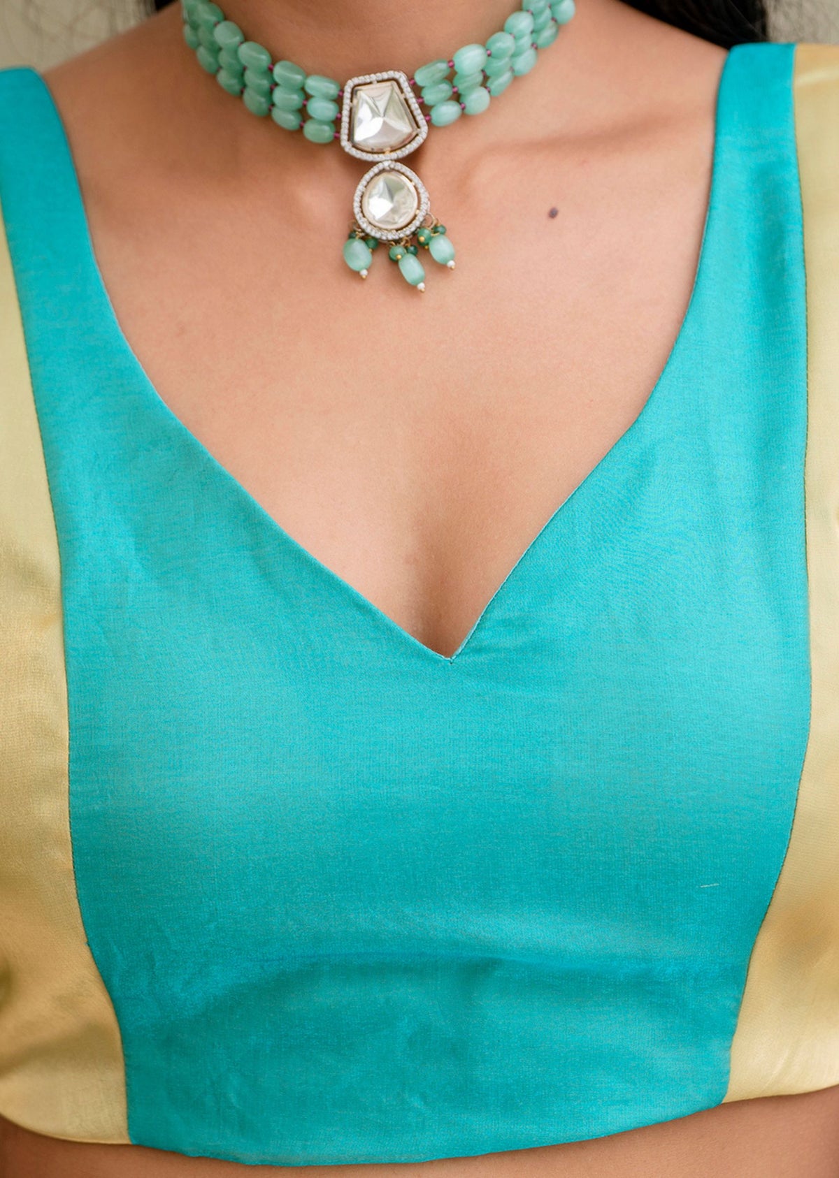 Sky Blue Organza Saree Blouse Close Up - Contrast Border Design
