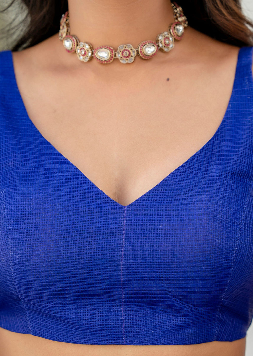 Royal Blue Green Kota Silk Saree Blouse Close Up - Embellished Border Detail