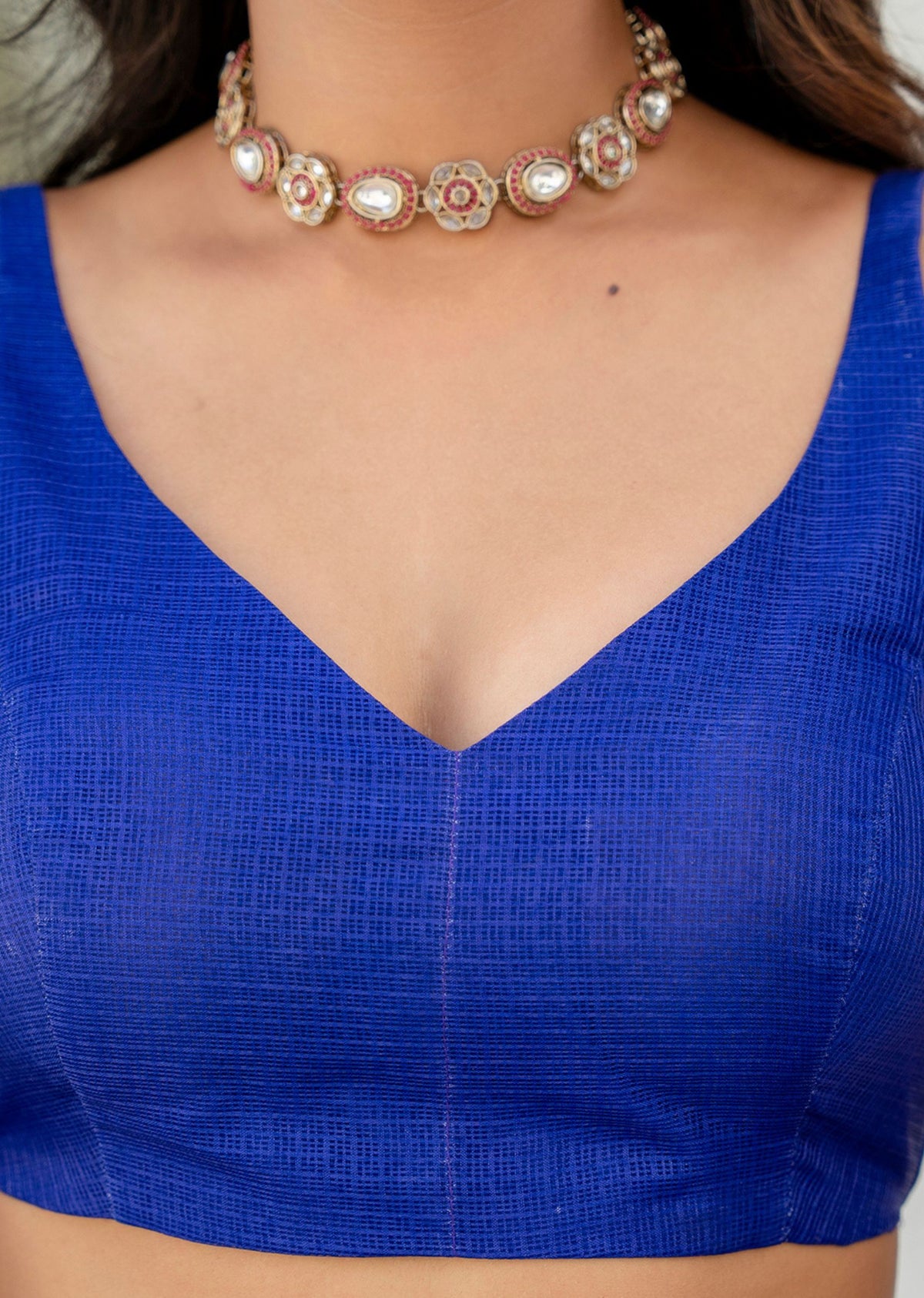 Royal Blue Green Kota Silk Saree Blouse Close Up - Embellished Border Detail