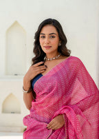 Pink Blue Kota Silk Saree Standing Pose - Festive Wear Saree