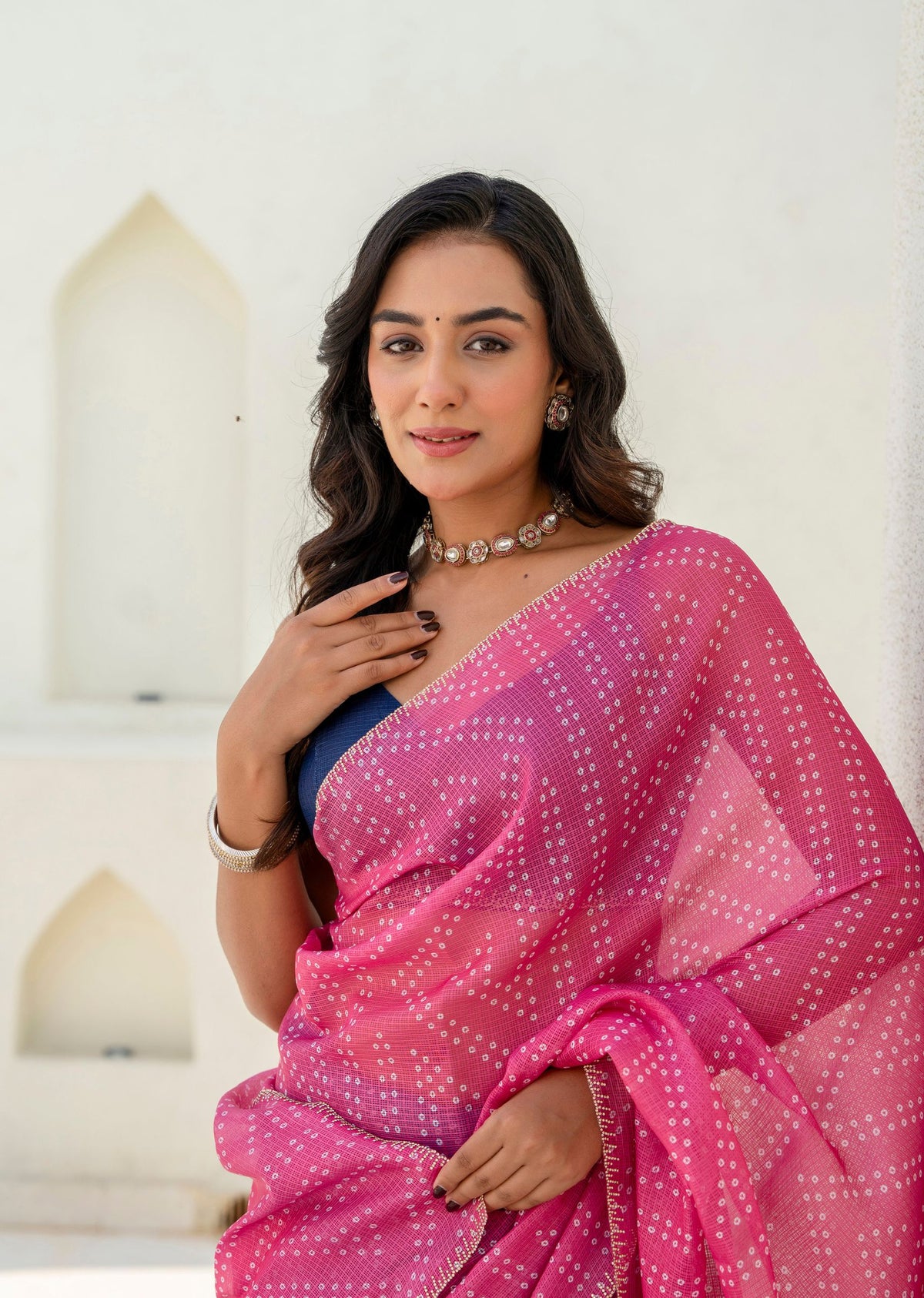 Pink Blue Kota Silk Saree Standing Pose - Festive Wear Saree