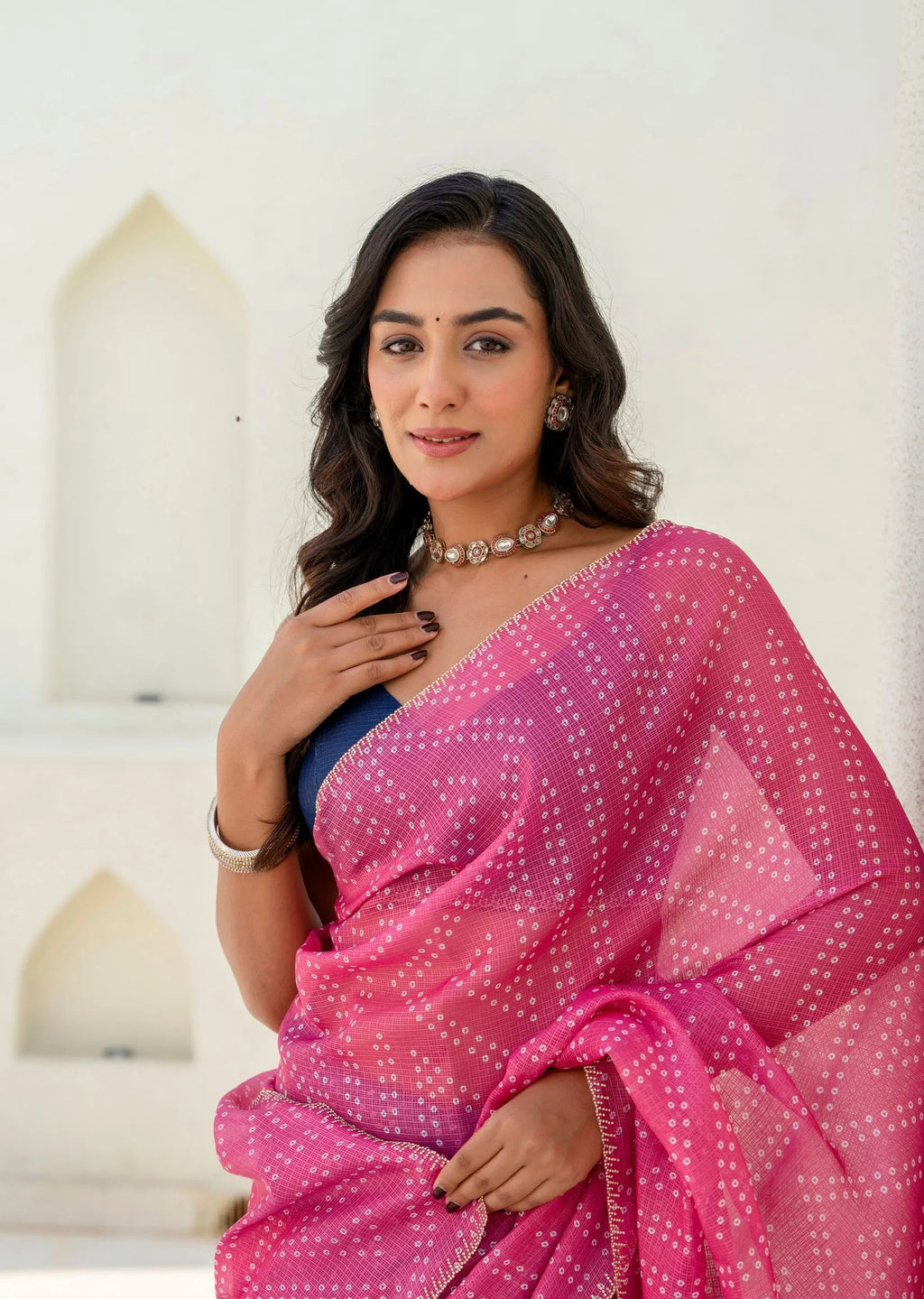 Pink Blue Kota Silk Saree With Bandhani Dots And Stone Border - Photo 5 | Buy Online Ethnic9