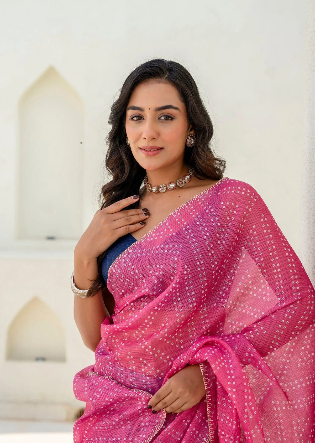 Pink Blue Kota Silk Saree With Bandhani Dots And Stone Border - Photo 5 | Buy Online Ethnic9
